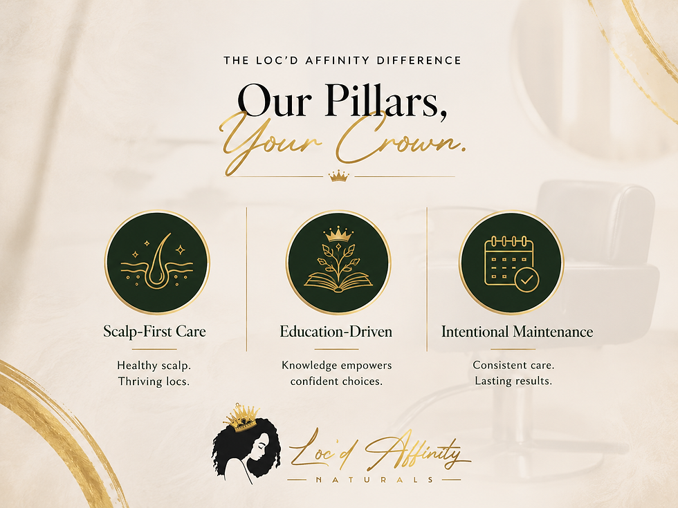 Promotional graphic for Loc’d Affinity Naturals: Our Pillars, Your Crown, with three icons for scalp care, education, and maintenance.