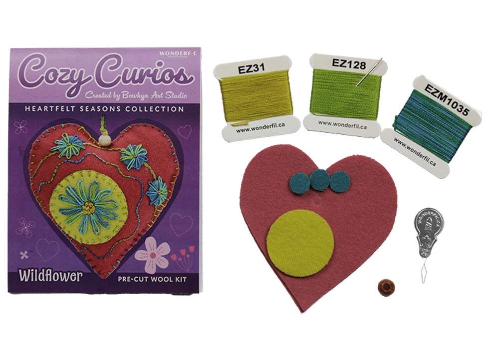 Thumbnail: Wildflower Heart: Cozy Curios Pre-cut Wool Kit by Bowkyn Art Studio inside the wool kit