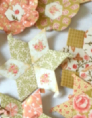 English Paper Piecing fabric stars and floral quilt blocks in progress at Jemima's Creative Quilting.