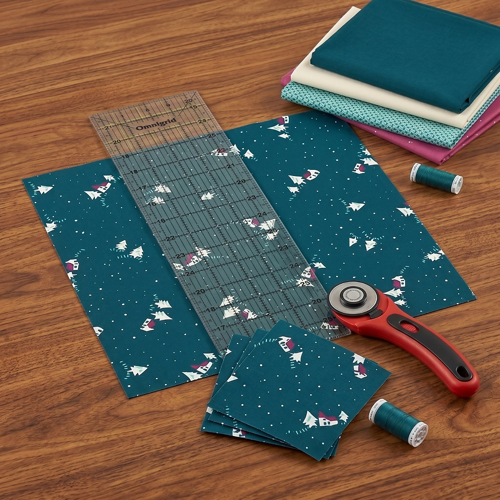A Woodland Christmas Christmas Cottage Teal Fabric By Liberty on table