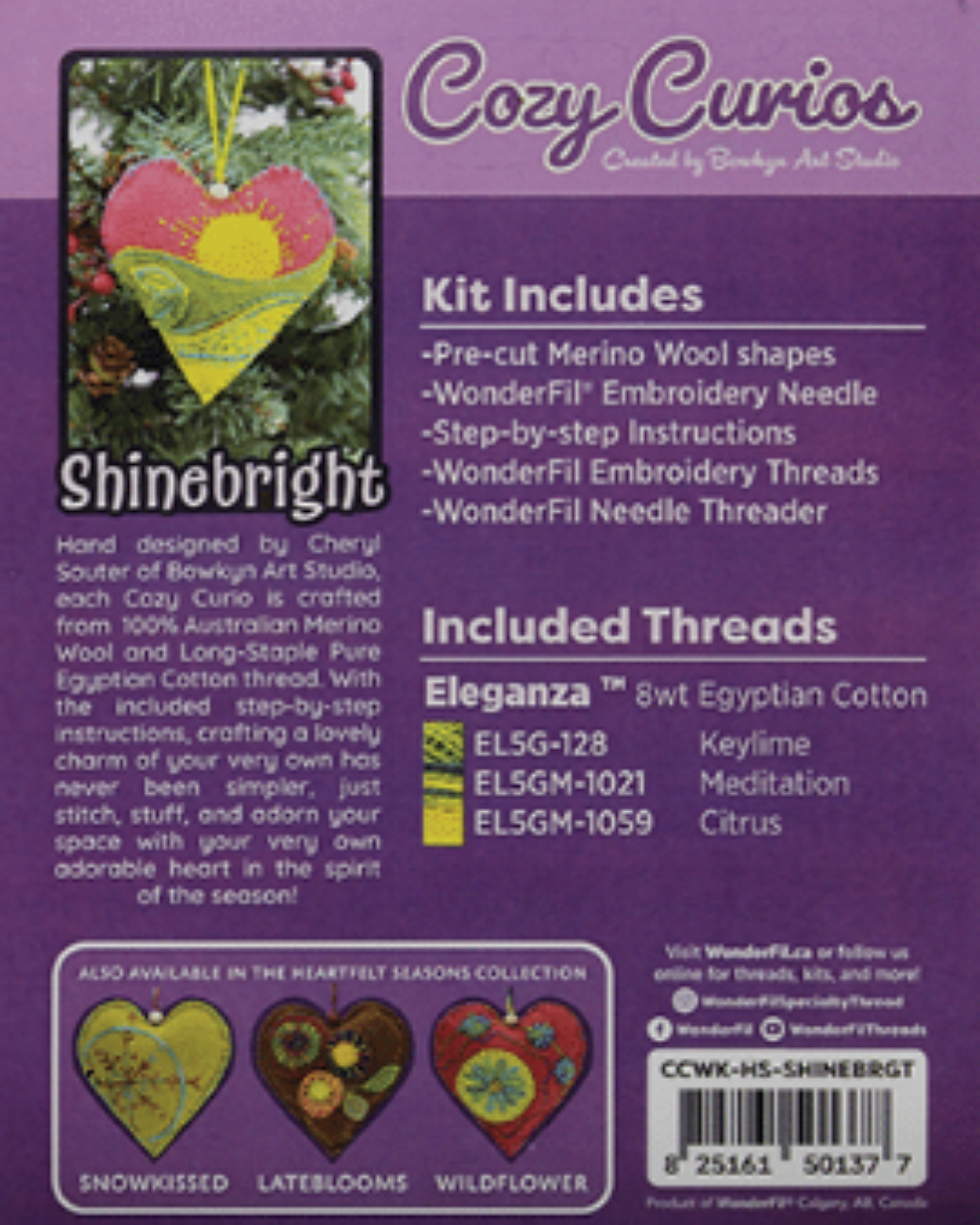Thumbnail: Shinebright Heart: Cozy Curios Pre-cut Wool Kit by Bowkyn Art Studio back cover