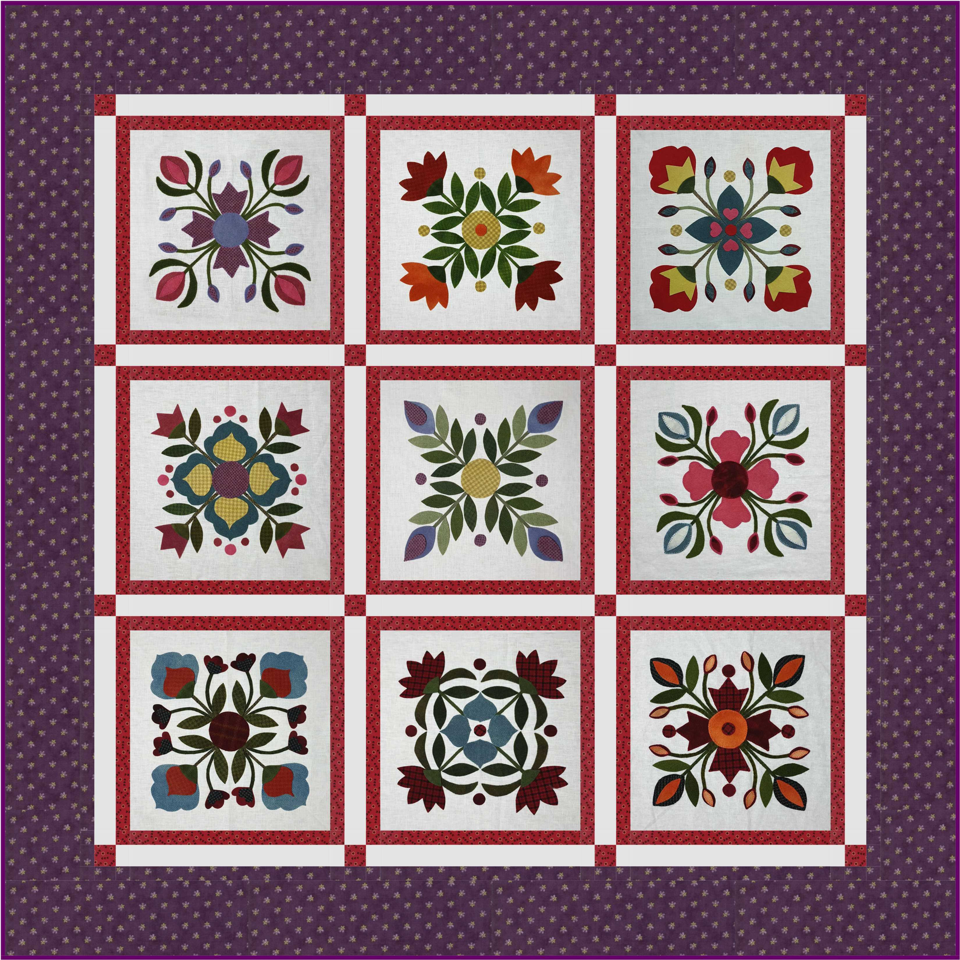 Wool Flower Garden Applique Quilt Printed Pattern