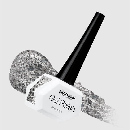 פיקאסו 297 צבע הכסף ג'ל לק מקצועי בצבע נצנצים גסים כסופים על רקע שקוף