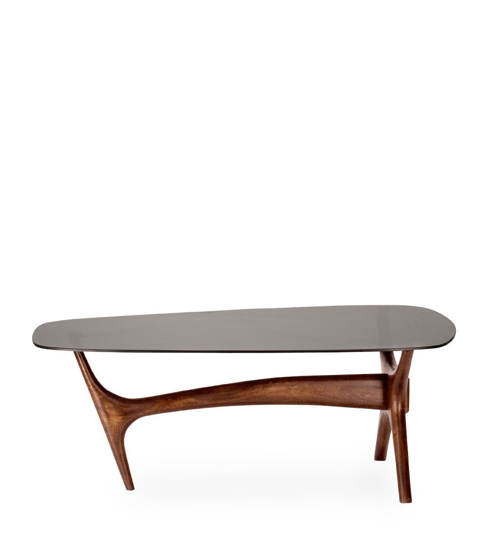 TABLE BASSE PLATEAU VERRE ET PIED BOIS