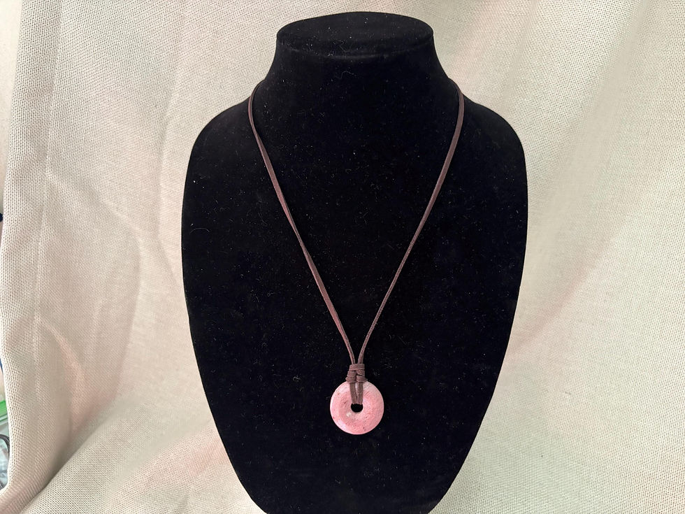 Thumbnail: 30mm Pink Stone Donut Pendant with brown leather cord