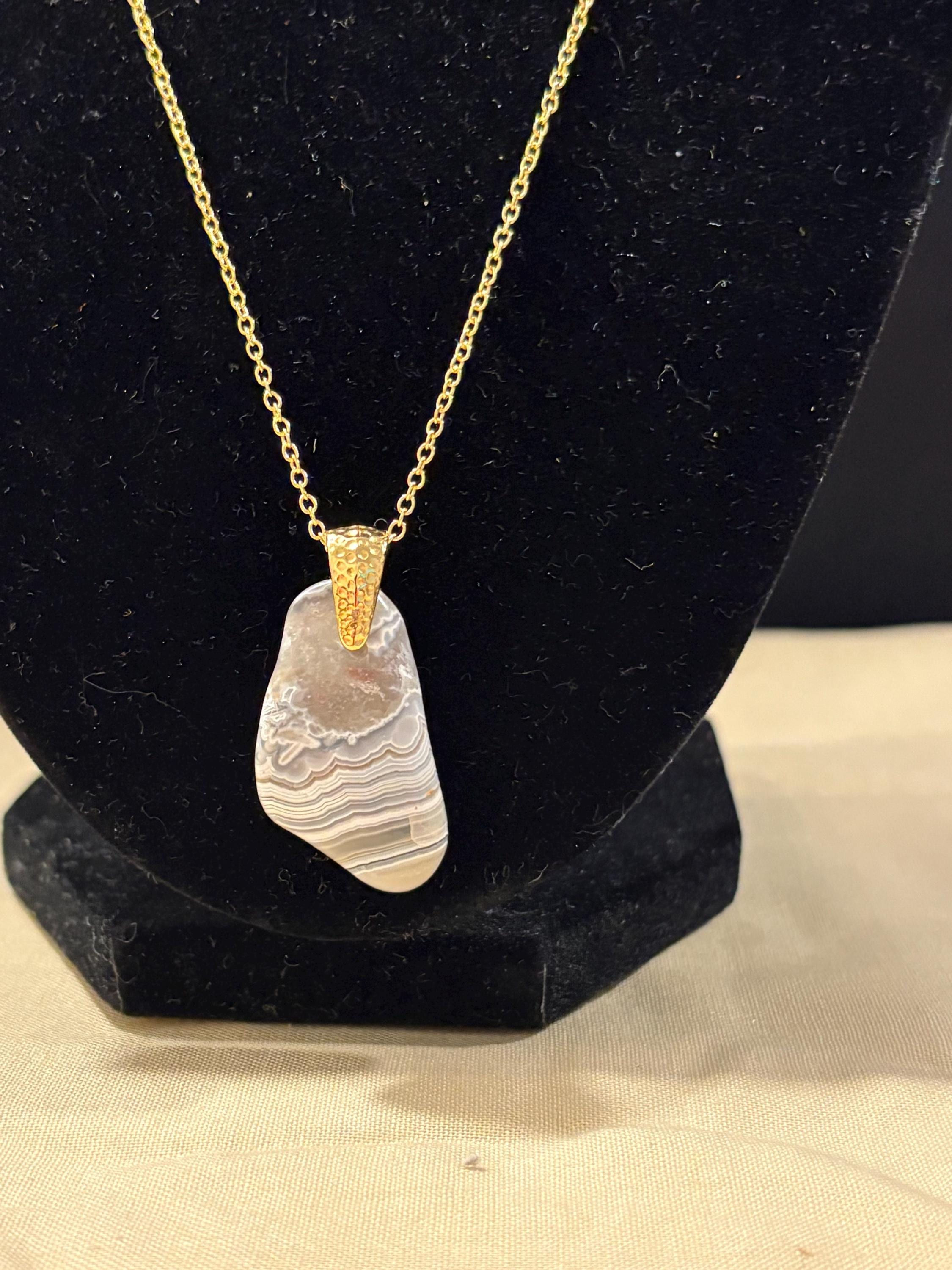 Banded Grey and White Mexican Lace Agate Pendant Necklace