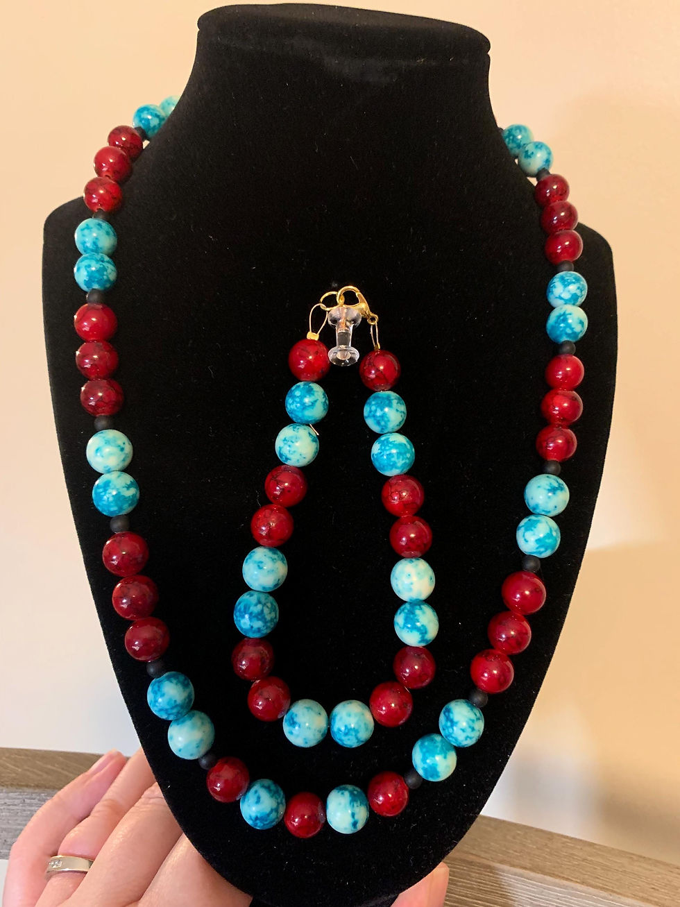 Thumbnail: Blue Howlite & Red Jasper Beaded Bracelet and Necklace Set, Calm, Healing