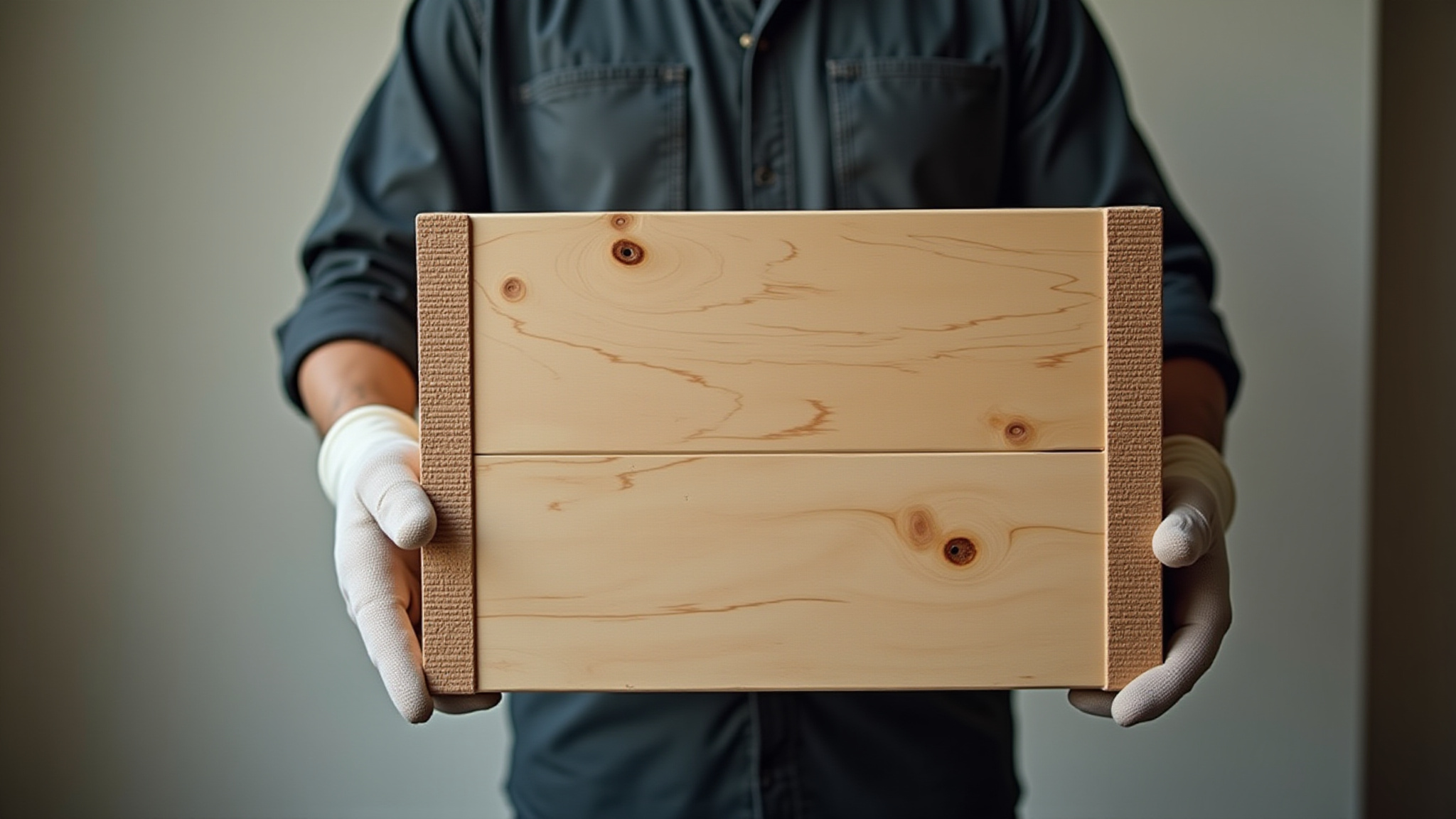 Person holding wooden box, wearing gloves, transportation and delivery service.