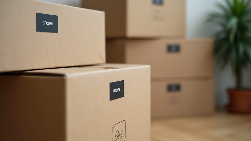 Close-up view of moving boxes labeled and stacked neatly
