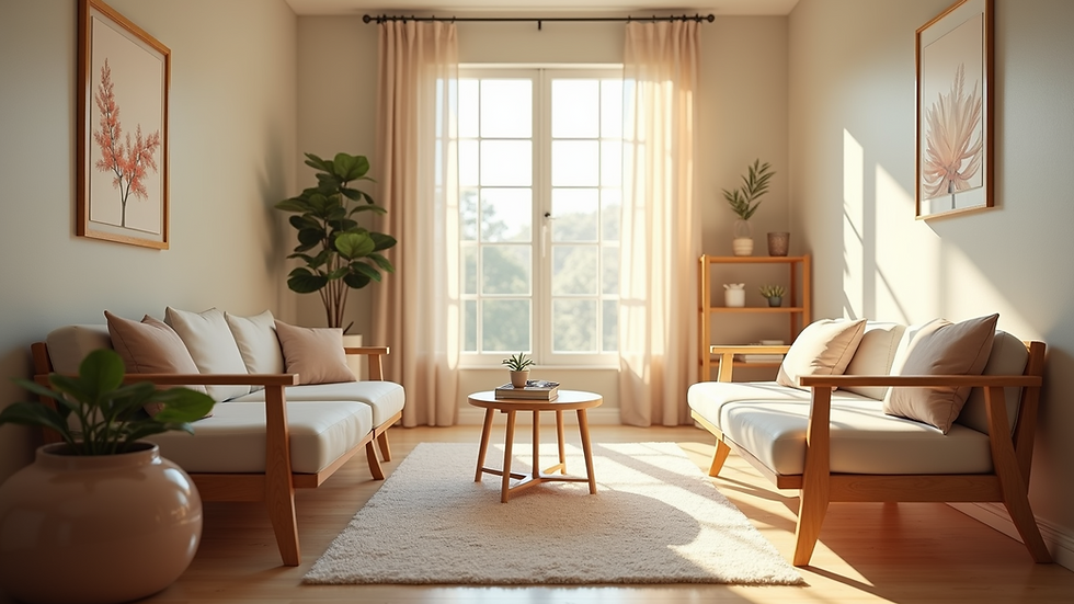 Eye-level view of a serene therapy room with soft lighting and comfortable seating