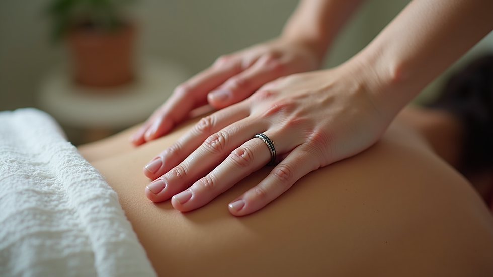 Close-up view of Reiki practitioner’s hands gently hovering over a client’s back