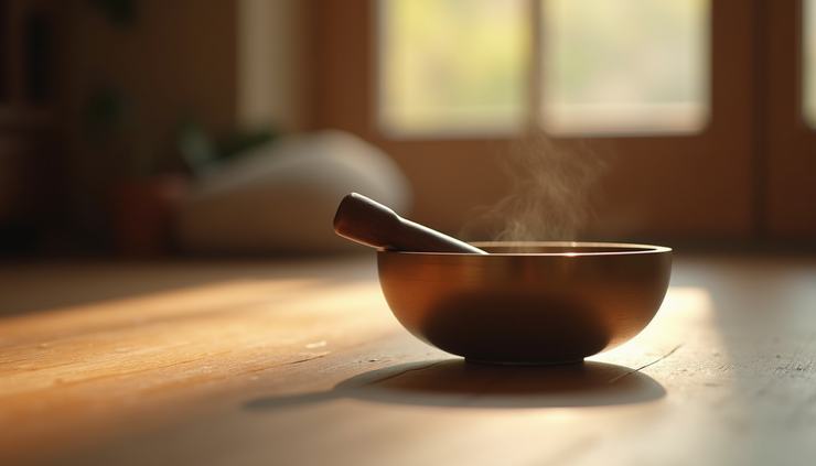 Eye-level view of a crystal singing bowl on a wooden floor in a softly lit room