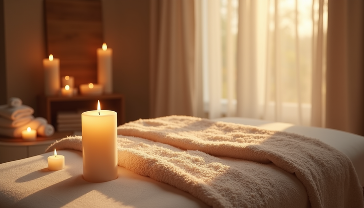 High angle view of a serene Reiki healing space with candles and soft fabrics