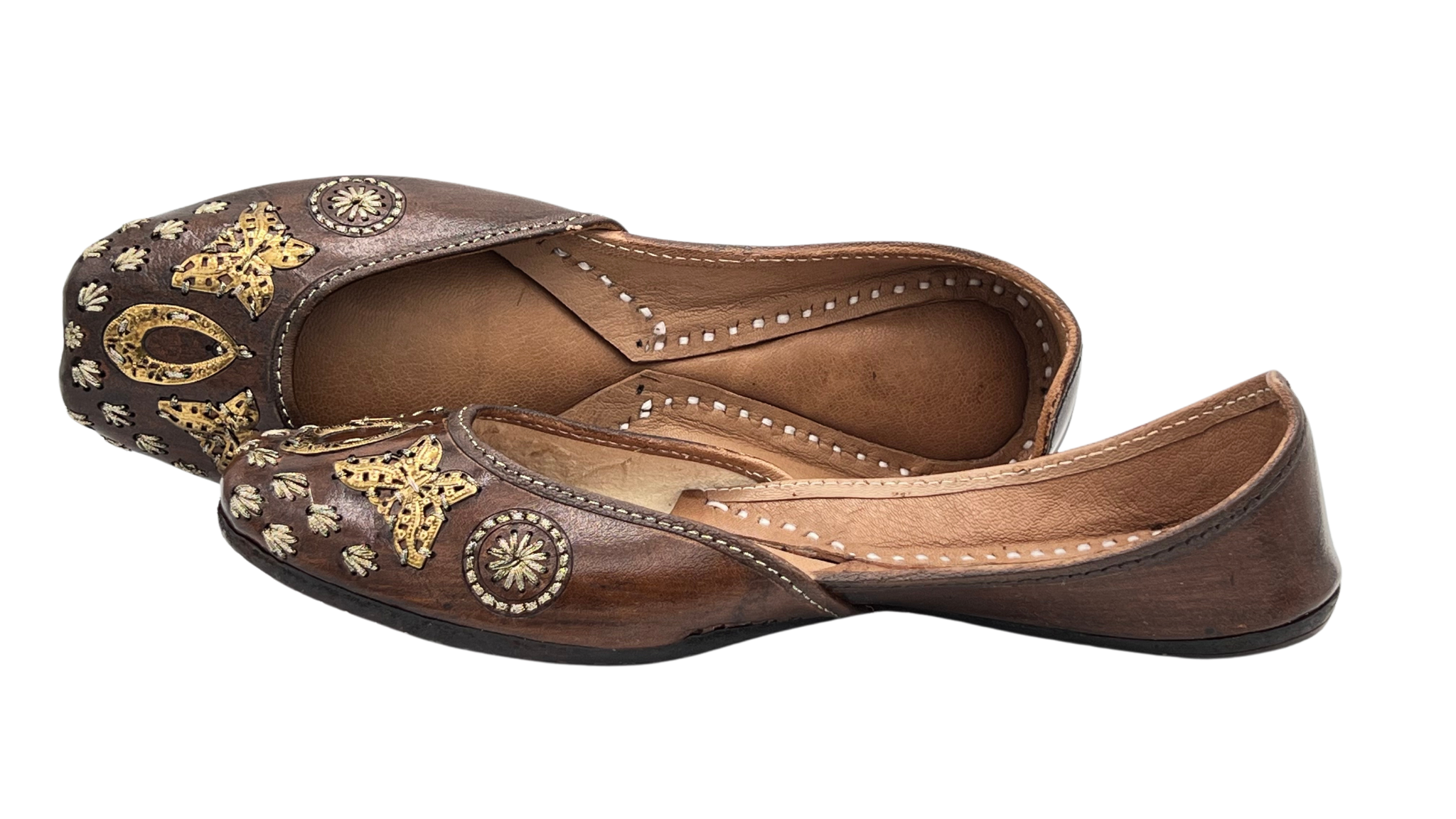 Brown base jutti adorned with golden butterflies for a touch of elegance in USA