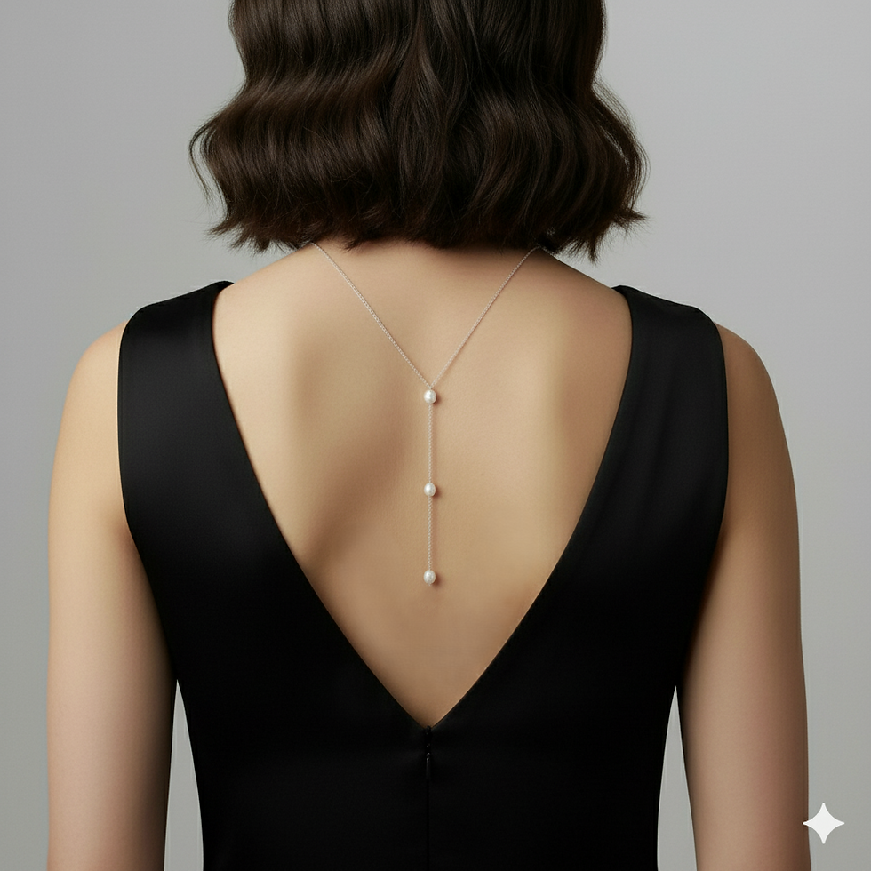 Collier cravate avec 3 perles d'eau douce porté coté Verso