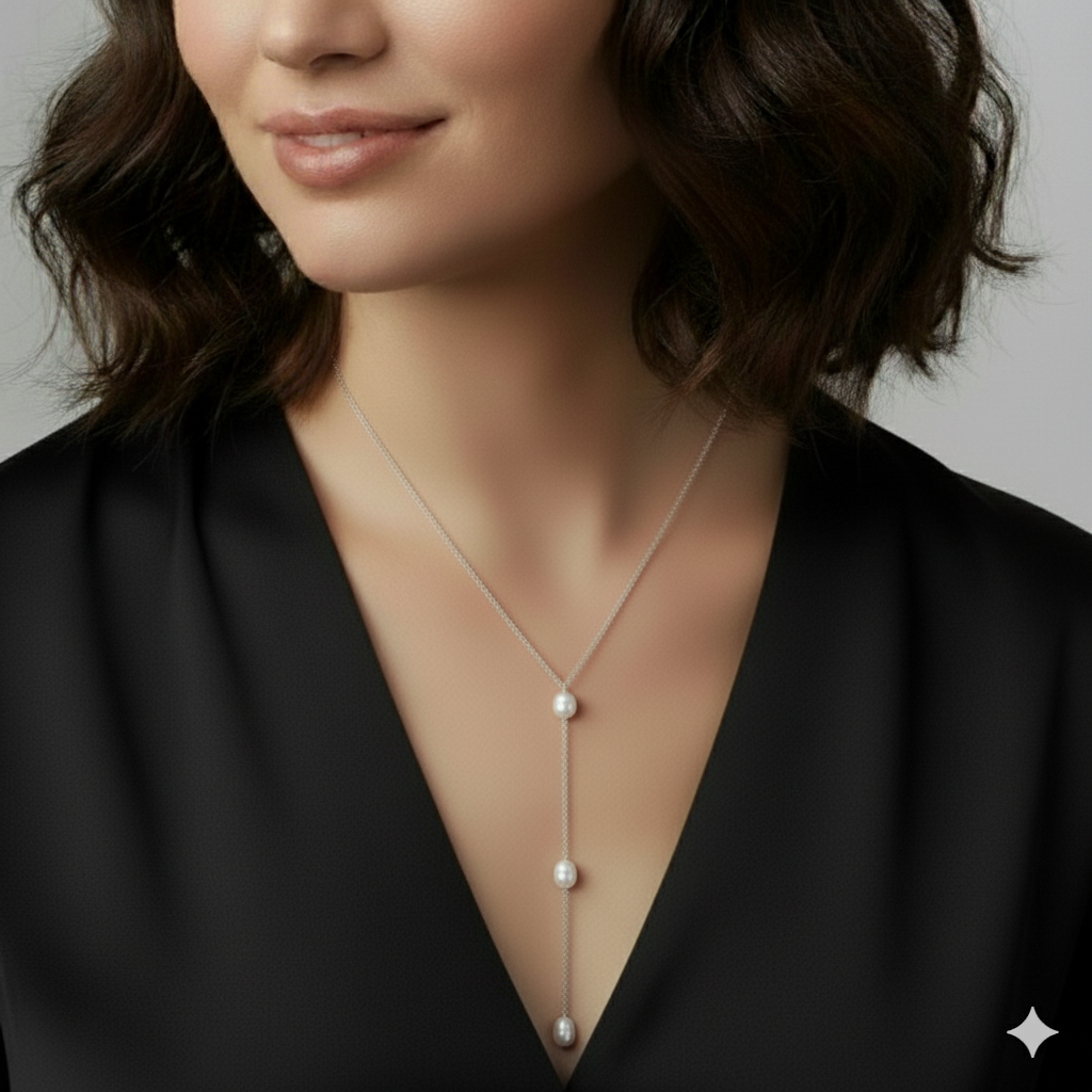 Collier cravate avec 3 perles d'eau douce porté coté Recto