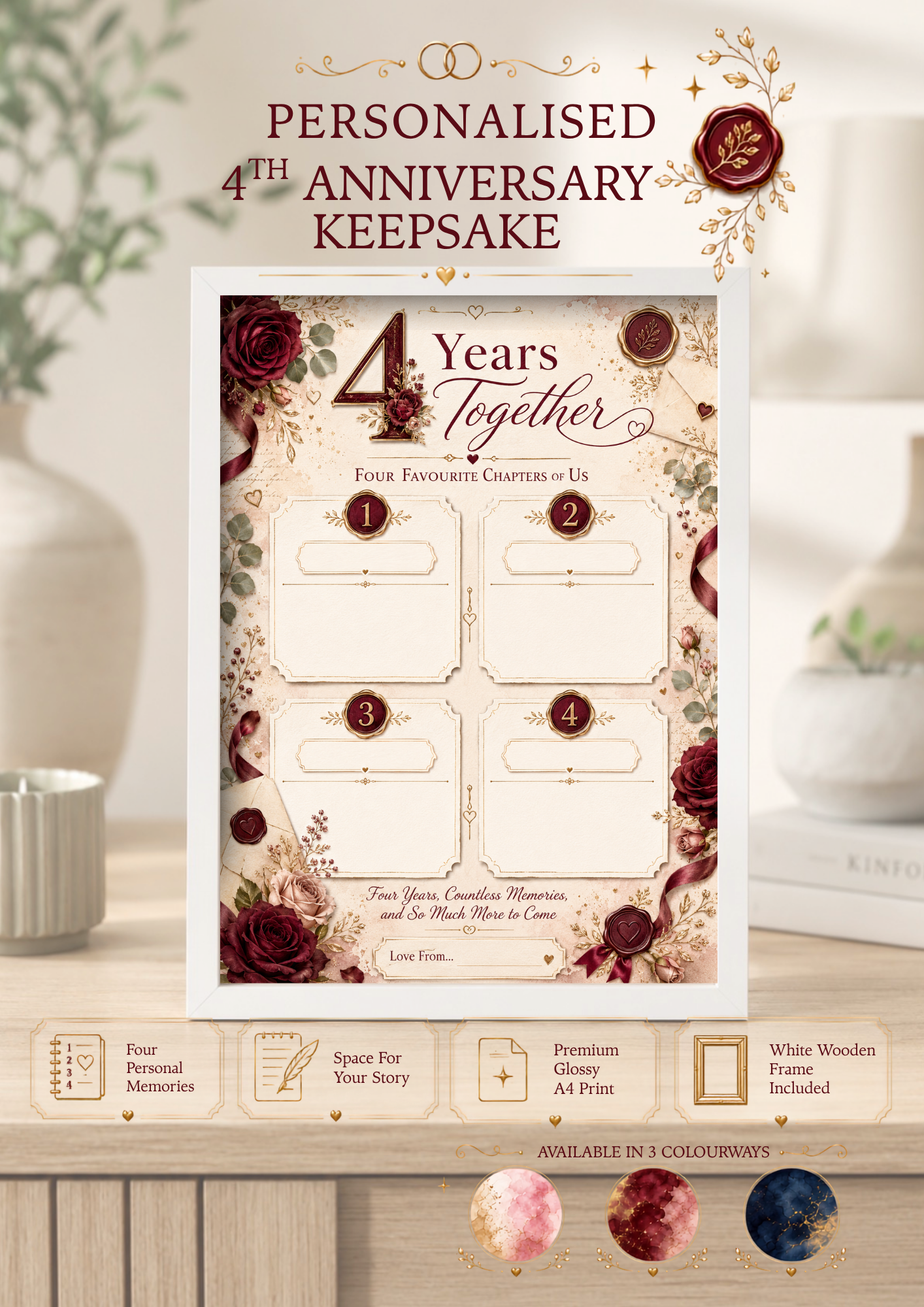 Personalised 4th Anniversary Print | 4 Memories Framed Keepsake Gift | 3 Colours