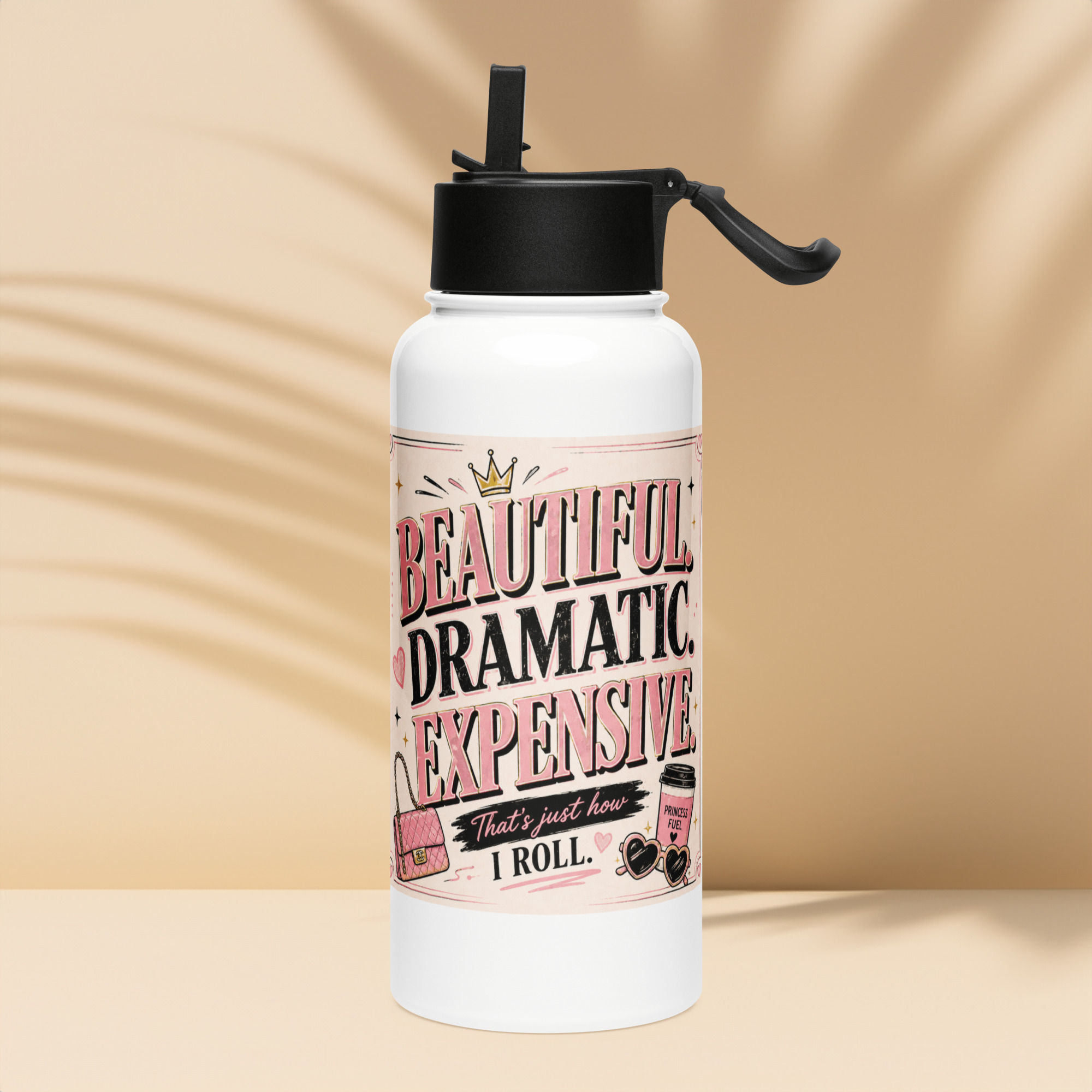 Stainless steel bottle with straw lid: Beautiful. Dramatic. Expensive.