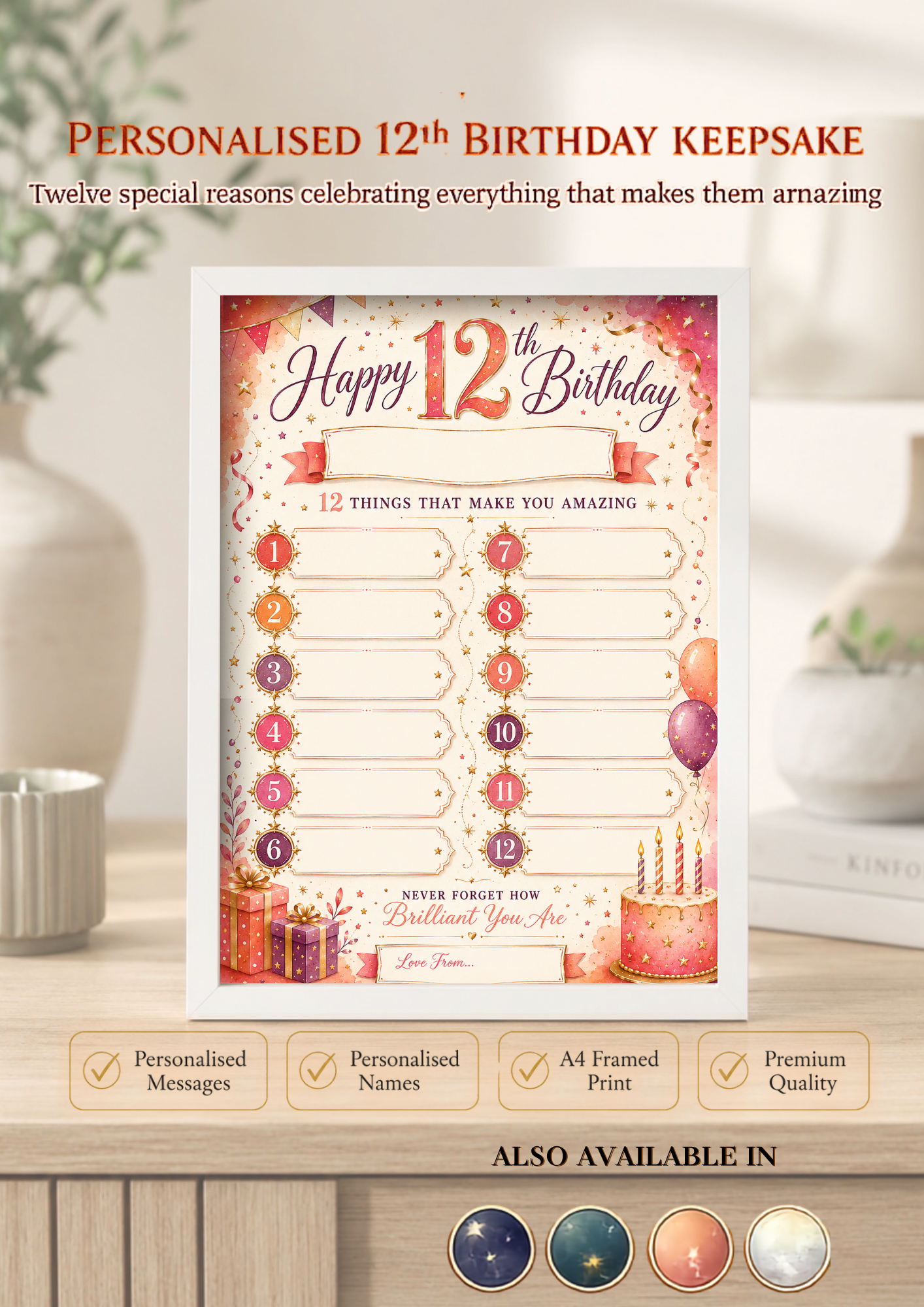Personalised 12th Birthday Keepsake | 12 Things Framed Gift for Girls & Boys
