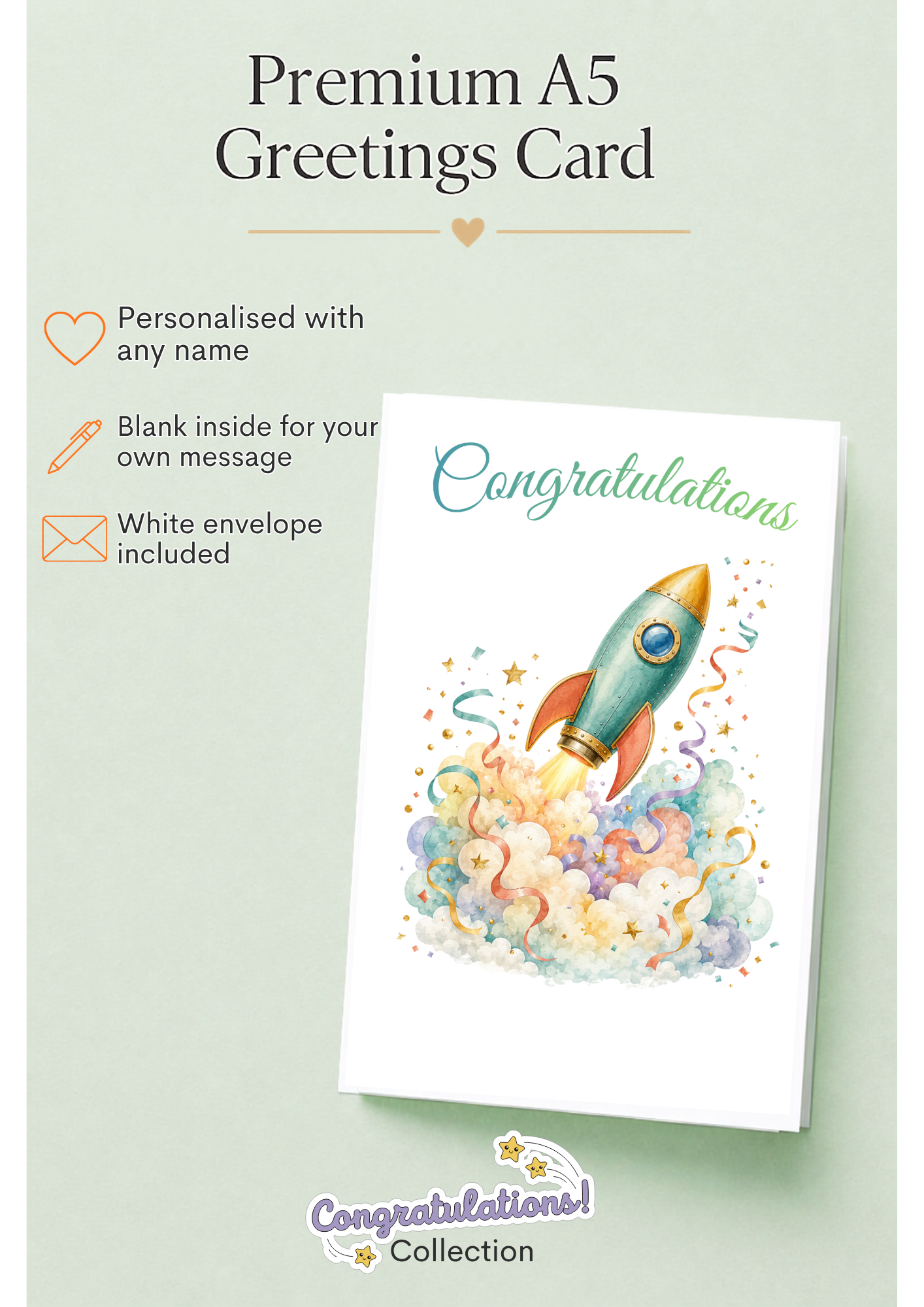 Personalised Rocket Launch Congratulations Card | A5 Greetings Card & Envelope