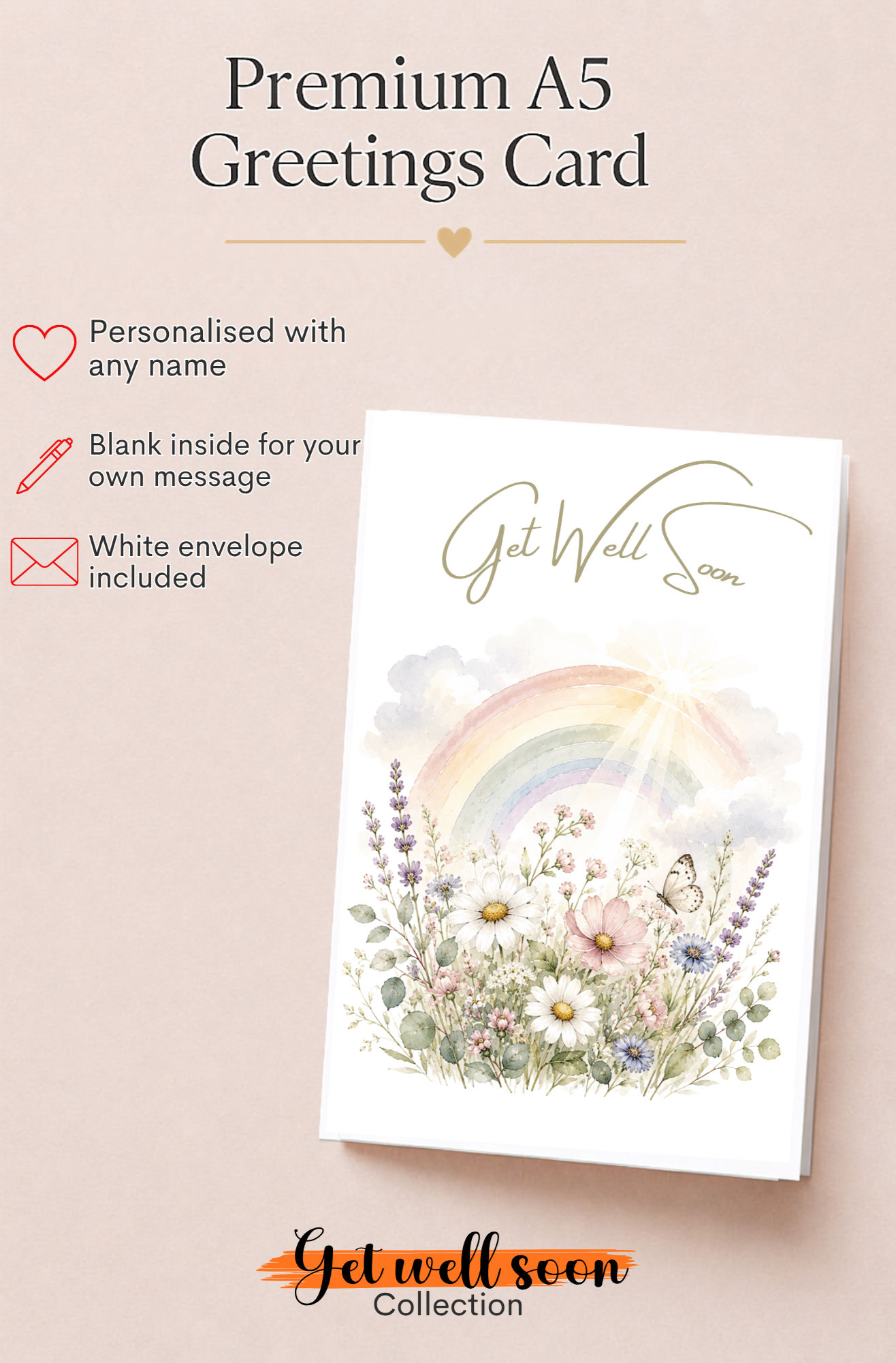 Personalised Rainbow Get Well Soon Card | A5 Greetings Card with Envelope