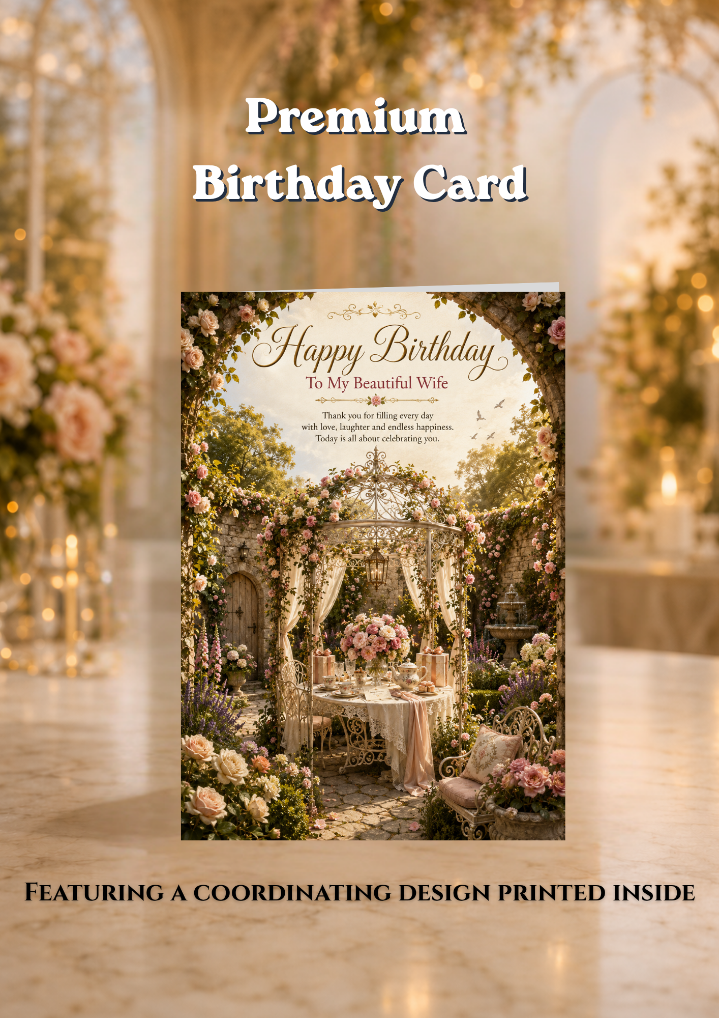 Birthday Card for Wife | Romantic Floral Garden Happy Birthday Card + Envelope