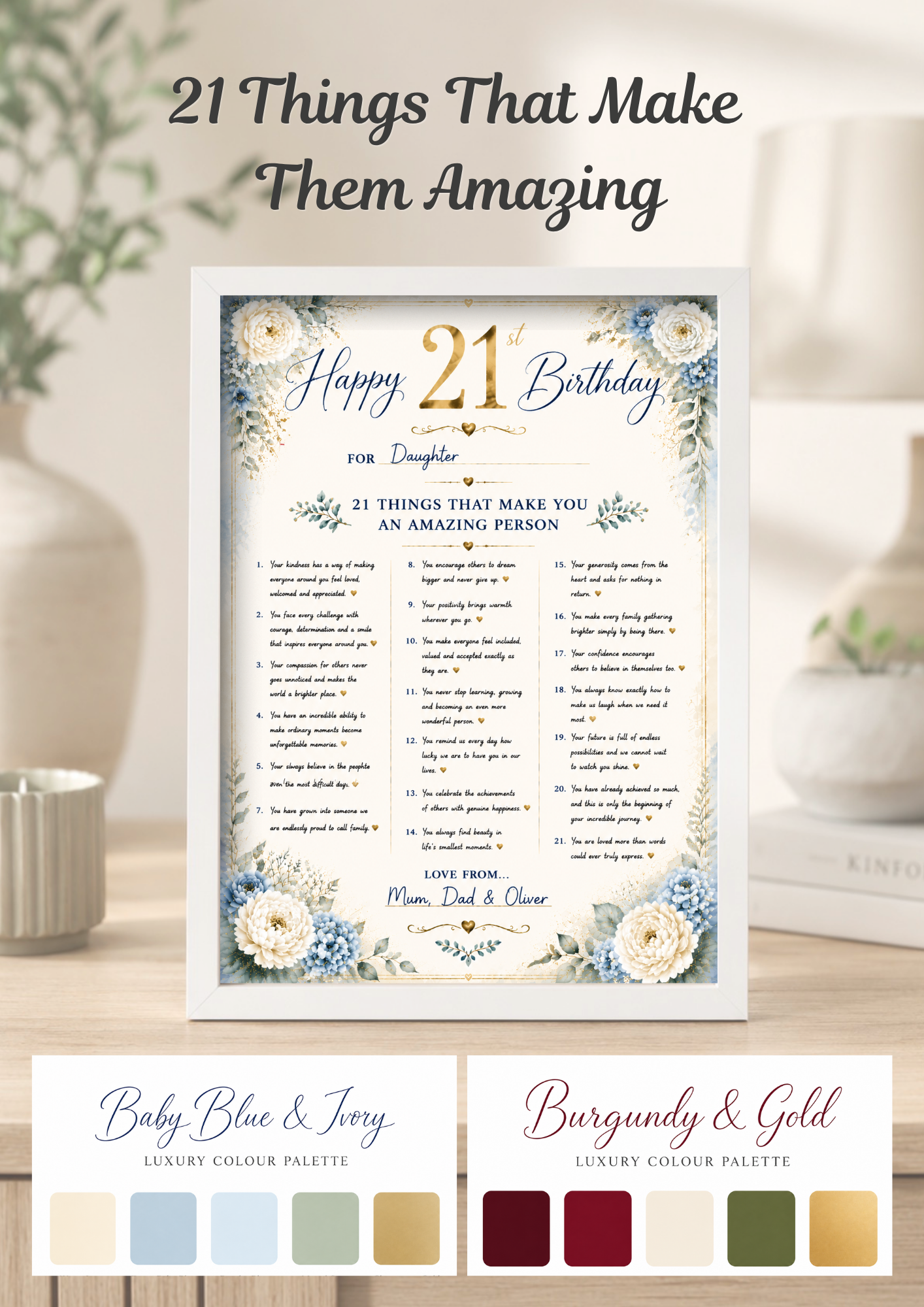 Personalised 21st Birthday Keepsake | 21 Things Framed Gift | A4 Framed Print