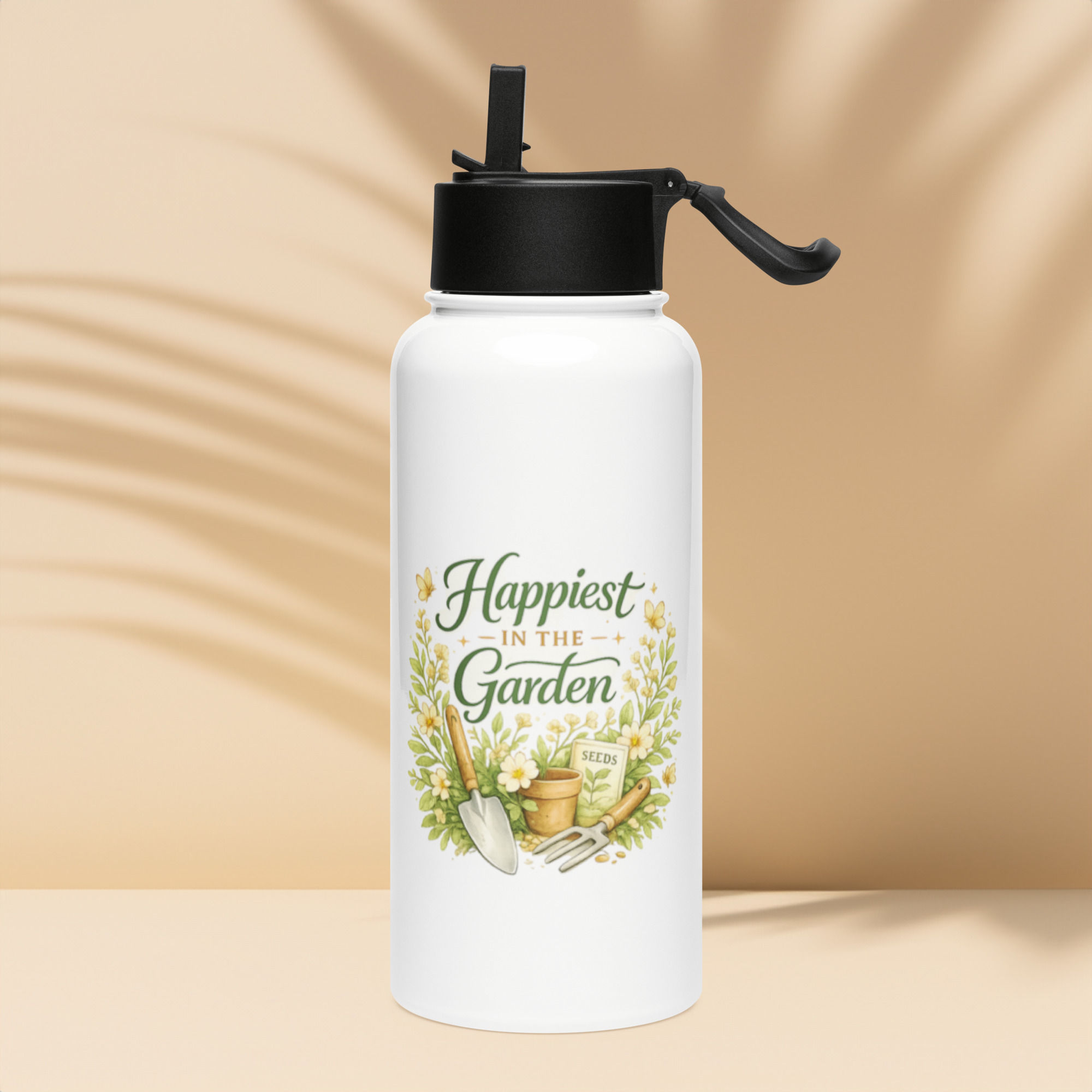 Stainless steel water bottle with a straw lid: Happiest in the garden