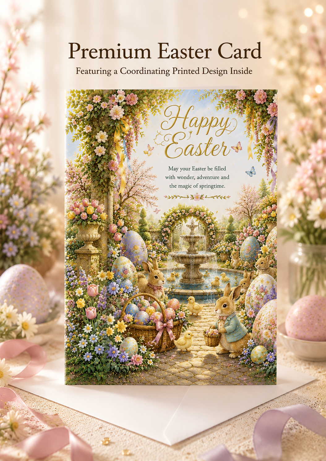 Luxury Easter Garden Card – Premium A5 Bunny Easter Card | Envelope Included