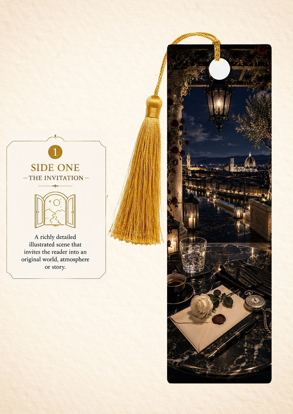 Thumbnail: Dark Romance City Bookmark with Gold Tassel | Double-Sided Laminated