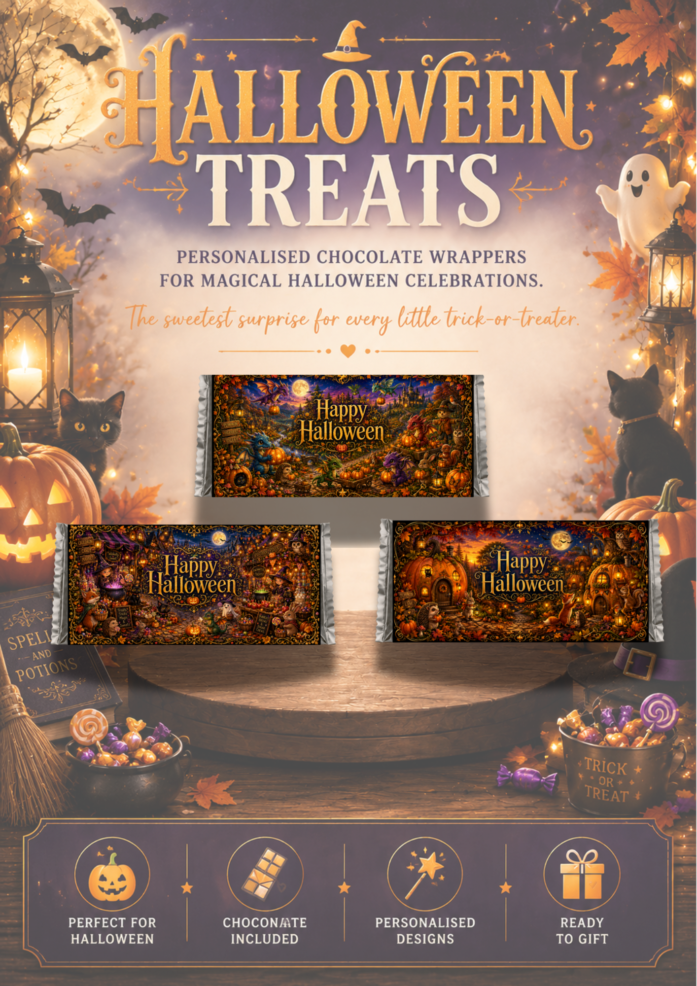 Kids Halloween Chocolate Bar Gift Pumpkin Candy Woodland Party