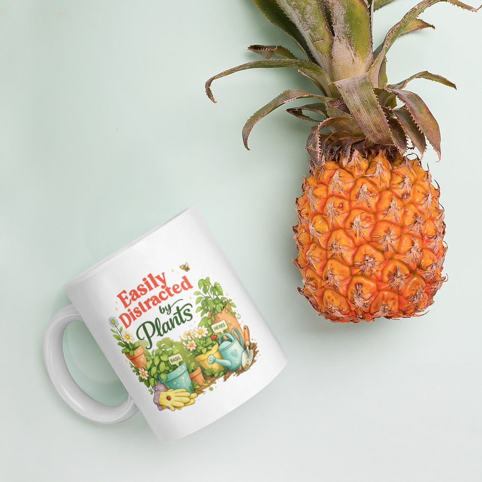 Thumbnail: White glossy mug: Easily distracted by plants