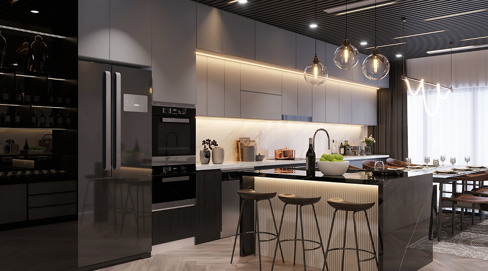 Modern luxury kitchen with black fridge, island stools, pendant lights, and a set dining table by bright windows.