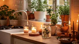 Cozy kitchen with lit candles on countertop, plants on windowsill, bread, and a jar. Warm light creates a peaceful, inviting mood.