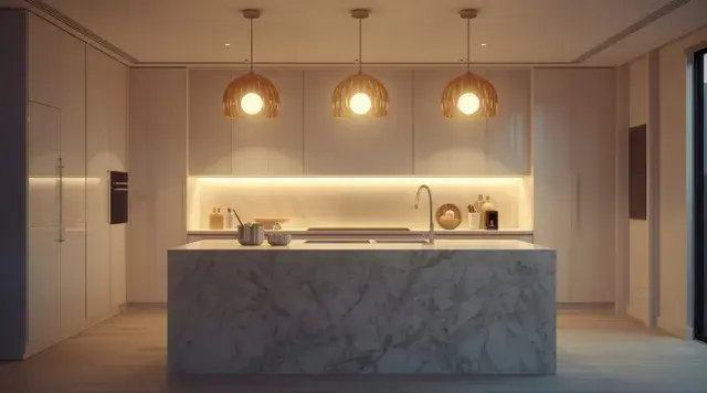 Modern kitchen with a marble island, three pendant lights, and ambient lighting. Cabinets and decor in neutral tones create a serene mood.