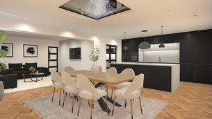 Modern kitchen and dining area with light wood flooring. Black cabinets, a wooden table, beige chairs, and large potted plant. Cozy ambiance.