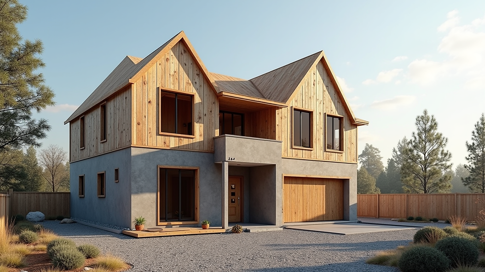 Wide angle view of a residential home exterior under construction