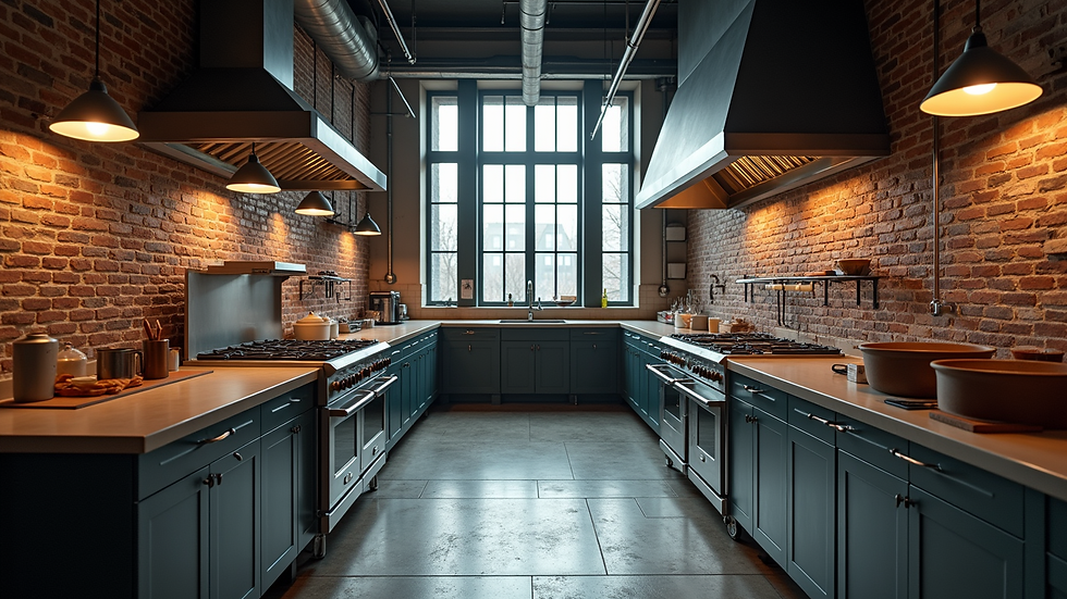 Wide angle view of an industrial kitchen with exposed brick and metal fixtures