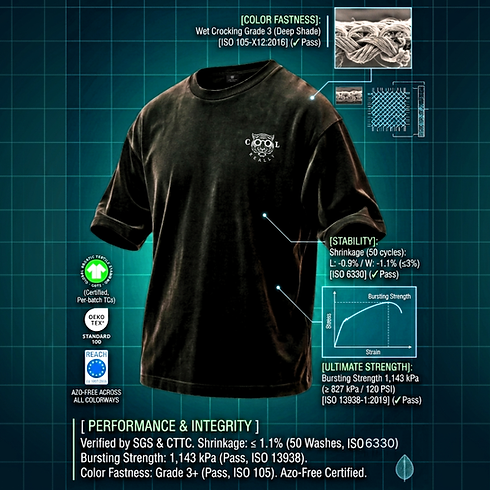 REALLY COOL® premium lifestyle apparel garmentsmaterial research diagram detailing ISO-certified textile engineering and performance fabric specs.