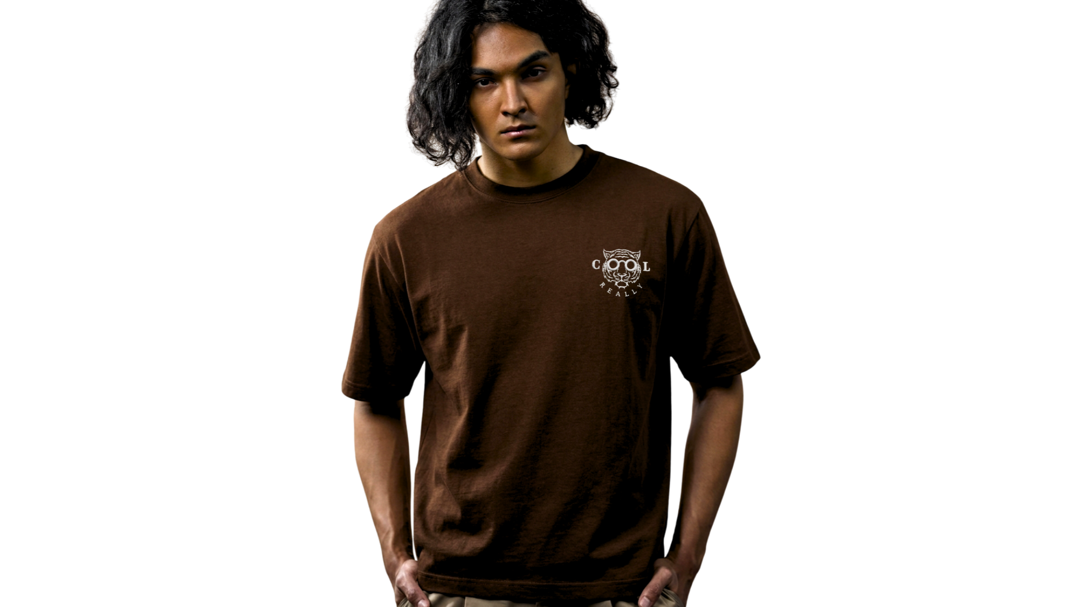 Male model wearing REALLY COOL® STRATA™ BX Armor dark brown brutalist heavyweight streetwear t-shirt.
