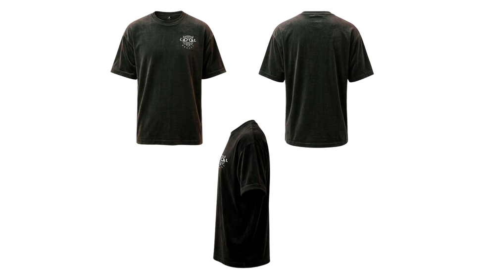 Thumbnail: Front, back, and side view of REALLY COOL® 420 GSM washed black oversized heavyweight cotton streetwear t-shirt.