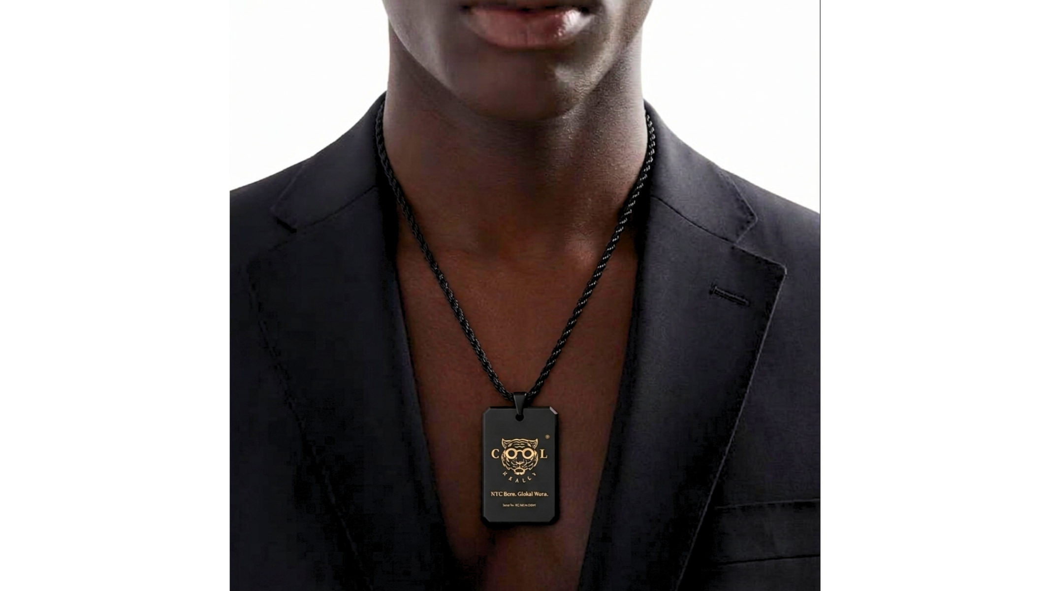 Model wearing the REALLY COOL® SIGNAL Industrial Identity Pendant styled with a black tailored blazer.
