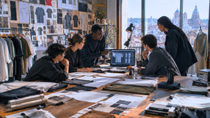 Curated garments and material samples in a contemporary fashion design atelier.