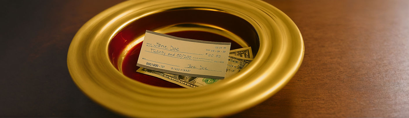 Donation check and cash in a brass offering plate