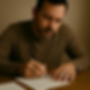 A man in a brown shirt writes a letter by hand