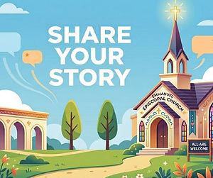 A cartoon picture of a church on a sunny day. Text: Share Your Story