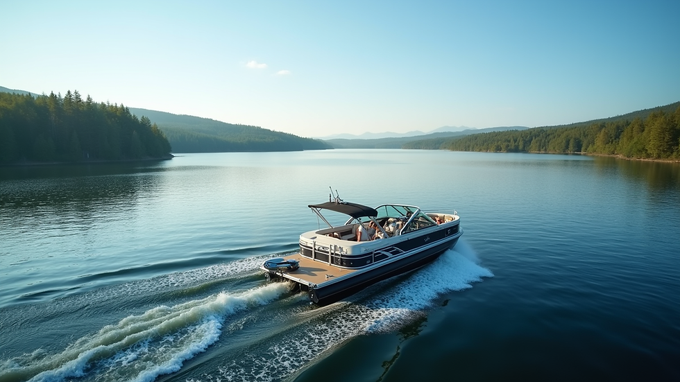High angle view of a tritoon boat cruising on Cross Lake with clear blue skies