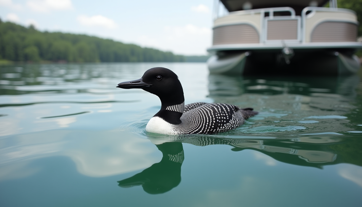 Close-up view of a loon swimming near a pontoon boat on Whitefish Chain in Cross Lake