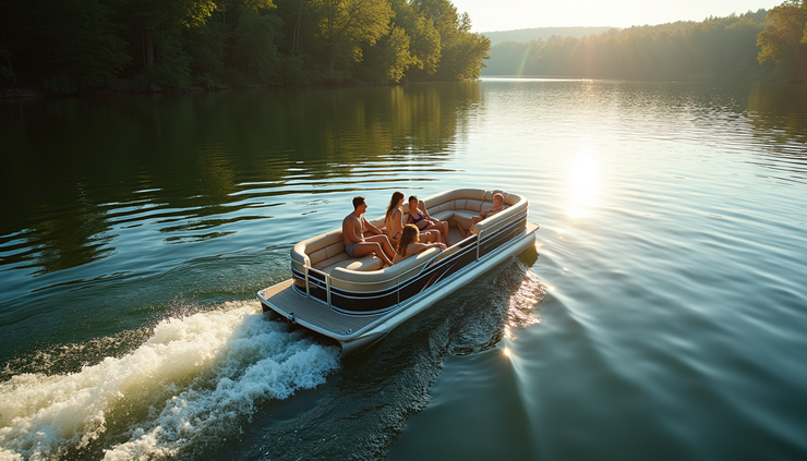 High angle view of a family tubing behind a pontoon boat on a sunny day at Whitefish Chain