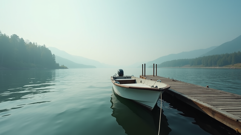 Eye-level view of a tritoon boat docked at Cross Lake with calm water